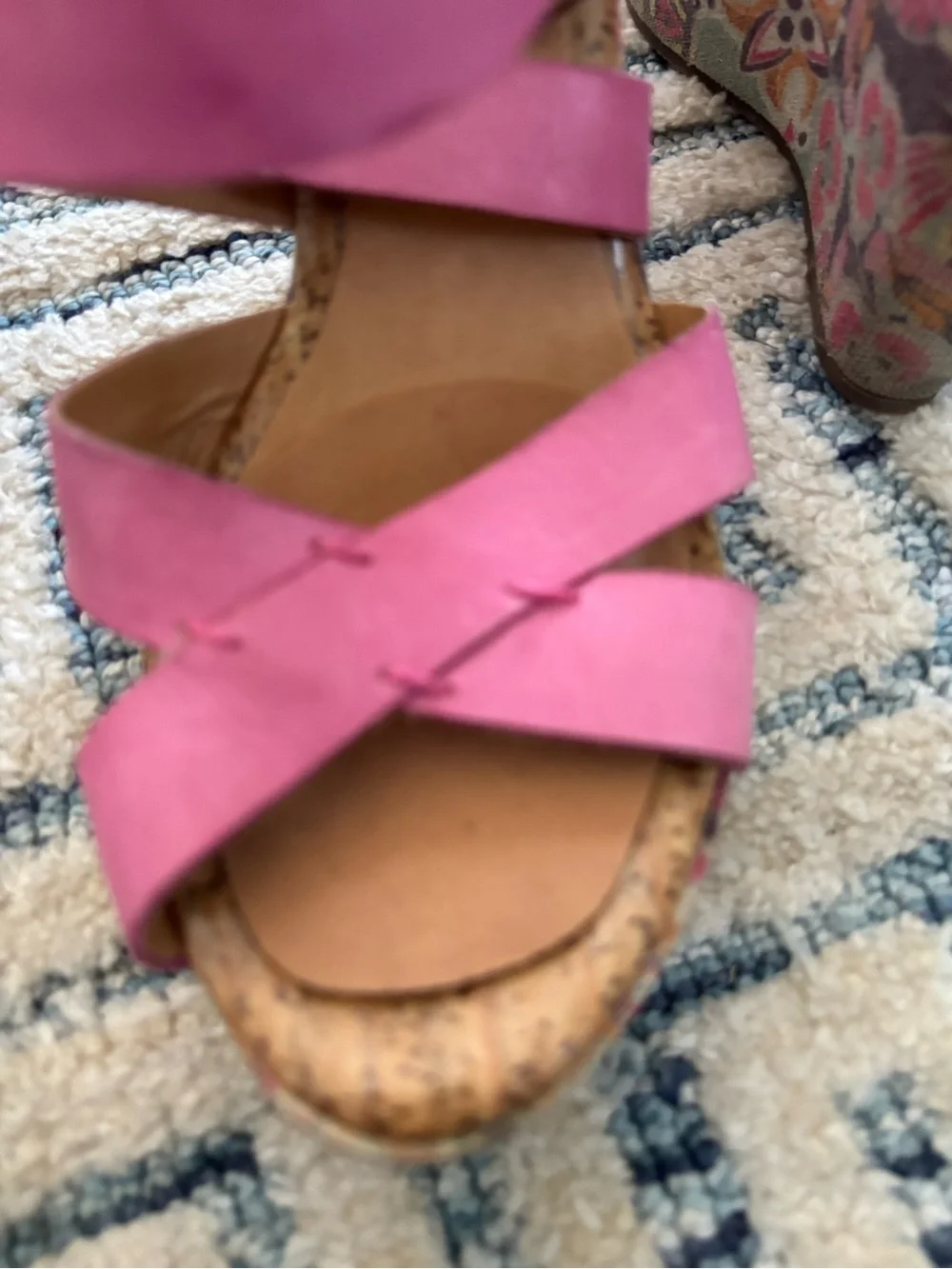 Women's Pink Leather Wedge Sandals with bridal design on wedge heel